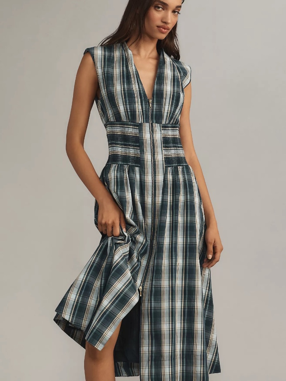 Plaid Midi Dress with Capped Sleeves - Picture 4 of 8